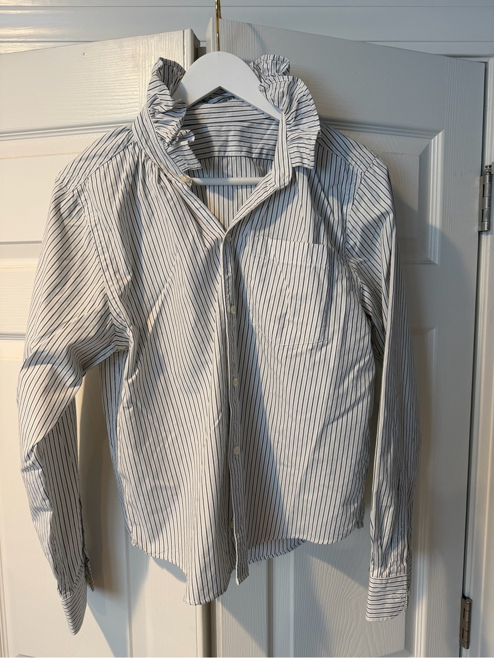 KMJ Women's White Button-Up Shirt with Thin Black Stripes